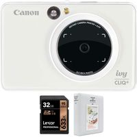 Canon Ivy Cliq+ Instant Camera Printer with App Pearl White (Cliq + Plus) Bundle with Lexar Professional 633x 32GB SDHC UHS-1 Class 10 Memory Card and Deco Gear 2 x 3 inch 64 Page Photo Album White