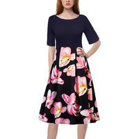 【MOHOLL】 Women's Vintage Patchwork Pockets Puffy Swing Casual Party Dress Watermelon Red