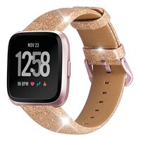 UMAXGET Leather Bands Compatible with Fitbit Versa/Versa 2/Versa Lite/SE Watch, Soft TPU Glittering Genuine Leather Straps for Women Men, Shiny Rose Gold