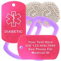 Custom 2 Pack - Diabetic Medical Alert ID Necklaces with Pink Hot Custom Tags, Purple Silencers, and 30'' USA Chains