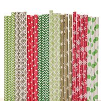 Christmas Paper Straw Mix - Red, Green, Lime Green, Gold - Polka Dot, Star, Damask, Chevron, Snowflake (75)