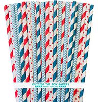 Dr. Seuss Themed Paper Straws - Polka Dot Chevron Stripe - Teal Blue Red White - 7.75 Inches - 100 Pack