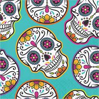 Club Pack of 192 White and Teal Blue Day of the Dead 2-Ply Beverage Square Napkins 12.8"