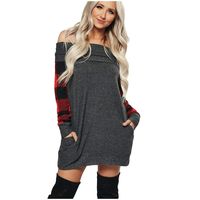 Xiuban Women Dress Women Off Shoulder Plaid Party Ladies Dress Long Sleeve Dress with Pocket