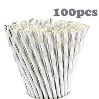 VideoPUP Paper Straws Biodegradable 100pcs Environmental protection Silver strips Pattern Paper Straws for Christmas New Year party decoration wedding birthday various theme party supplies