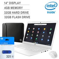 Latest_HP 14" Chromebook FHD (No Touch), Intel Celeron, 4GB RAM, 32GB Internal + 32GB External Storage, Chrome OS, Wireless Mouse & Sleeve Included (White)