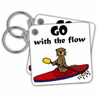 3dRose Funny Cool Sea Otter Kayaking Go with The Flow Pun Cartoon Key Chain (kc_275789_1)