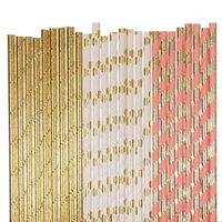 Biodegradable Paper Straws Mix, Bluch Gold Foil, Striped Polka Dot Solid (25)