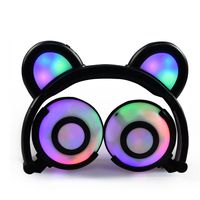 Foldable Bear Ear Recharging Headphones Panda Ear Games Headset with LED light Blinking Cosplay bearcat Earphone breathing Light cosplay (Black)