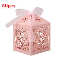 Lucky Monet 25/50/100PCS Love Heart Laser Cut Wedding Candy Gift Box Chocolate Box for Wedding Favor Birthday Party Bridal Shower with Ribbon (50pcs, Pink)
