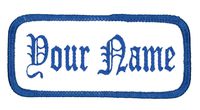 Name Patch Uniform Work Shirt Personalized Embroidered White with Blue Border. Sew on.