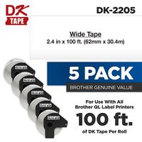 Brother Genuine DK-2205 5-Pack Black Print on White Continuous Length Paper Tape, 2.4" Wide x 100' Long (62mm x 30.4M)/per roll
