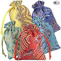 10pcs Silk Brocade Jewelry Pouch Bag for Wedding Party Favors, Drawstring Coin Purse Embroidered Sachet Candy Chocolate Bag for Christmas New Year Birthday Party (4x5.5 inch, Thick)