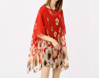 MOM Summer chiffon sun protection clothing print perspective beach sexy long blouse,red,Average code