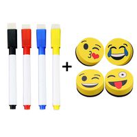 4 Pcs Magnetic Smiley Face Circular Dry Whiteboard Eraser and 4 Whiteboard Notes Pen Water-based Repeatable Erasable Pen Brush with Magnetic -for Home, Office and School Classroom (Paintbrush color ra