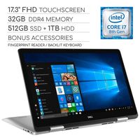 Dell Inspiron 17 7000 Series 2019 2-in-1 17.3" FHD Touchscreen Laptop, 4-Core Intel Core i7-8565U 1.8GHz, 32GB RAM, 512GB SSD + 1TB HDD, Backlit Keyboard, Wi-Fi, Bluetooth, Webcam, HDMI, Windows 10