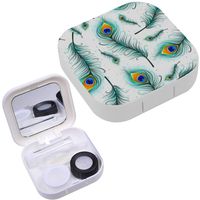 Portable Contact Lens Case Box Travel Kit Mirror + Bottle + Tweezers Container Holder [ Peacock Feather ]
