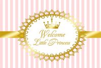 CSFOTO 5x3ft Background For Welcome Little Princess Birthday Party Decor Photography Backdrop Golden Frame Crown Pink and White Strips Girl Baby Shower Kid Newborn Photo Studio Props Wallpaper