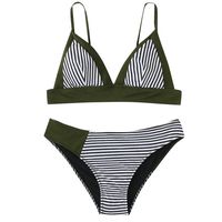 LONGDAY Push Up Swimwear 2PC Set Ruffles Color Block Swimsuit Spaghetti Strap Striped Monokini Sexy Triangle Bikini Top Green