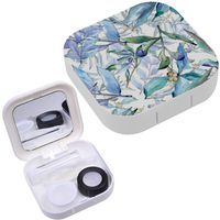 Portable Contact Lens Case Box Travel Kit Mirror + Bottle + Tweezers Container Holder [ Blue Elaeagnus Leaves Watercolor ]