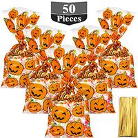 Hestya 50 Counts 15 x 25 cm Flat Clear Cellophane Treat Bags Block Bottom Pumpkin Halloween Patterned Storage Bags Sweet Bags with 300 Pieces Twist Ties for Halloween Christmas Party Favor(Style D)
