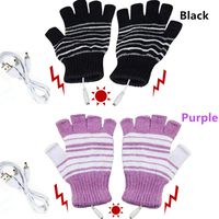 Kbinter USB 2.0 Powered Stripes Heating Pattern Knitting Wool Cute Heated Gloves Fingerless Hands Warmer Mittens Laptop Computer Warm Gloves for Women Men Girls Boys 2 Pack (Purple+Black)