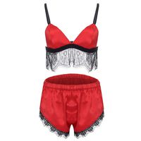 Women's Sexy Lace Lingerie Nightgown Satin Trim Sling Sleepsuit Bra Set Halter Babydoll Temptation Sleepdress Plus Size (Red, L)