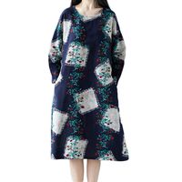 BOOMJIU Women Plue Size Long Sleeve Patchwork Cotton Linen Loose Print Dress