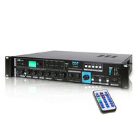 70V System Audio Power Amplifier - 700W Rack Mount Portable Home Stereo Sound Receiver Mixer System w/ 70V 100V Speaker Output, RCA AUX IN, USB, Mic Talkover - For Multi Speakers - Pyle PT930U