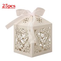 Lucky Monet 25/50/100PCS Love Heart Laser Cut Wedding Candy Gift Box Chocolate Box for Wedding Favor Birthday Party Bridal Shower with Ribbon (25pcs, Beige)