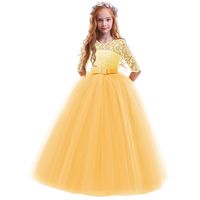 IBTOM CASTLE Girls Flower Party Dress Long Princess Gown Tulle Lace Wedding Evening Formal Pageant Dress 3/4 Sleeve Yellow 11-12 Years
