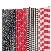 Red and Black Pirate Paper Straw Mix - Red, Black, Skulls, Polka Dot, Striped, Diamonds (50)