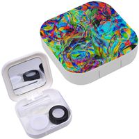 Portable Contact Lens Case Box Travel Kit Mirror + Bottle + Tweezers Container Holder [ Art Rainbow Geometric ]
