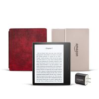 Kindle Oasis (Previous Generation - 9th) Essentials Bundle including Kindle Oasis 7" E-reader (32 GB, Wi-Fi, Champagne Gold, Special Offers), Amazon Leather Cover (Merlot), and Power Adapter