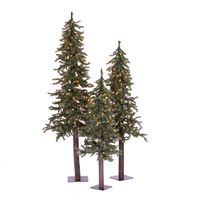 Vickerman Natural Alpine Tree Set lit by 500 Multi-colored lights, with three trees sized 4', 5', and 6'