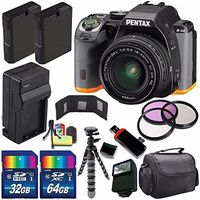 Pentax K-S2 DSLR Camera with 18-50mm Lens (Black/Orange) + Replacement Battery + External Charger + 32GB Card + 64GB Card + Flash + 58mm 3 Piece Filter Kit + Deluxe Accessory Kit Bundle