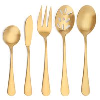 Matte Gold Serving Set，SHARECOOK 5-Piece 18/0 Stainless Steel Large Hostess Set with Round Edge, Satin Finished, Dishwasher Safe -Spoons, Forks,Butter Knife& Slotted Spoon