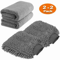 Large Size Car Wash Mitt - Premium Chenille Microfiber Wash Gove and Microfiber Towels - Lint Free - Scratch Free （2X Towels + 2X mitt）