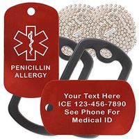 Custom 2 Pack - Penicillin Allergy Medical Alert ID Necklaces with Red Custom Tags, Black Silencers, and 30'' USA Chains