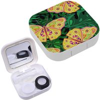Portable Contact Lens Case Box Travel Kit Mirror + Bottle + Tweezers Container Holder [ Yellow Butterflies Tropical Leaves Exotic ]