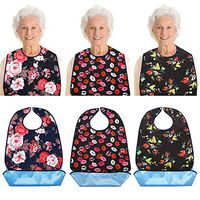 Vlokup Adult Bibs for Eating Women & Men, 3 Pack, Waterproof Mealtime Clothing Protector for Elderly, Optional Crumb Catcher, Adjustable Snaps, Reuasale Washable, Rose & Lips