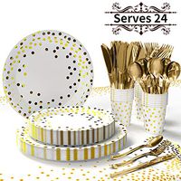169 Pcs Gold Party Supplies Set - Disposable Gold Dot Paper Plates Dinnerware Serves 24 - Plates Napkins Cups with Gold Plastic Silverware Sets Table Cover for Baby Shower Birthday Parties Wedding