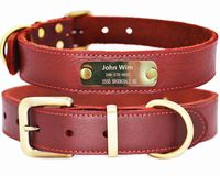 Moonpet Genuine Leather Personalized Dog Collars with Nameplate ID Tags, Soft Durable Custom Dog Collars Engraved for Small Medium Large Dogs-Scarlet