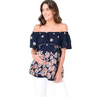 FRana Maternity Shirts for Women Daily Short Sleeve Tops Breastfeeding Off Shoulder Floral Printed T-Shirt Blouse Navy