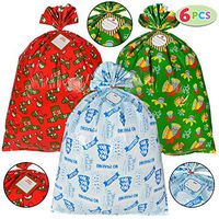 6 Pieces Christmas Giant Goody Gift Bags, Jumbo Size 43” X 36”, W/Tie & Name Card Assortment for Holiday Treats, Oversize Xmas Gifts, Heavy Duty Party Favor Supplies, Christmas Goodie Large Bags