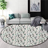RUGSMAT Cactus Round Area Rug,Doodle Style Cartoon Plant Arrangement with Geometrical Background Foliage Indoor/Outdoor Round Area Rug,Diameter-35 Inch Mint Black Beige