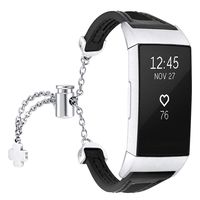 fastgo Leather Bracelet Compatible with Fitbit Charge 3/Charge3 SE Bands, Premium Stainless Steel Replacement Wristbands Classy Women Girls Adjustable (Black)