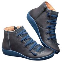 Women's Ankle Boots Ladies Leather Retro Lace up Side Zip Vintage Booties Flat Heel Arch Support Shoes Blue