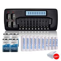 PALO 10 Pack 1.2V AA3000mAh Batteries NI-MH Rechargeable Battery with 4 Pcs 9V300 NI-MH Batteries with14 Bay Smart Battery Charger