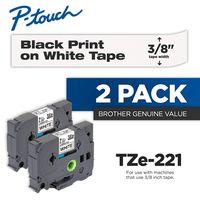 Brother Genuine P-Touch 2-Pack TZe-221 Laminated Tape, Black Print on White Standard Adhesive Laminated Tape for P-Touch Label Makers, Each Roll is 0.35"/9mm (~ 3/8") Wide, 26.2 (8M) Long
